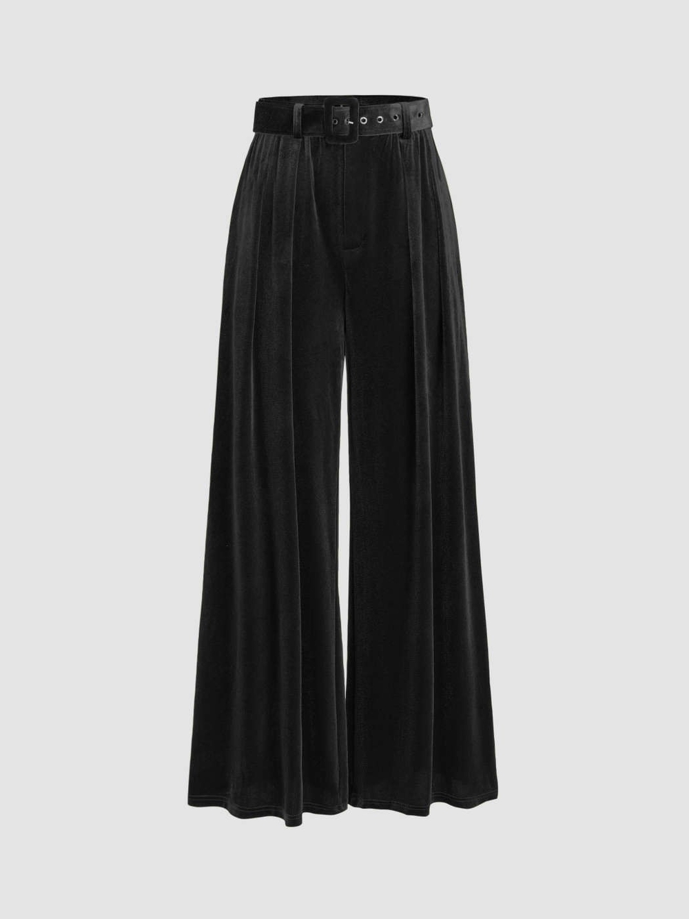 Velvet Mid Waist Pocket Wide Leg Trousers With Belt